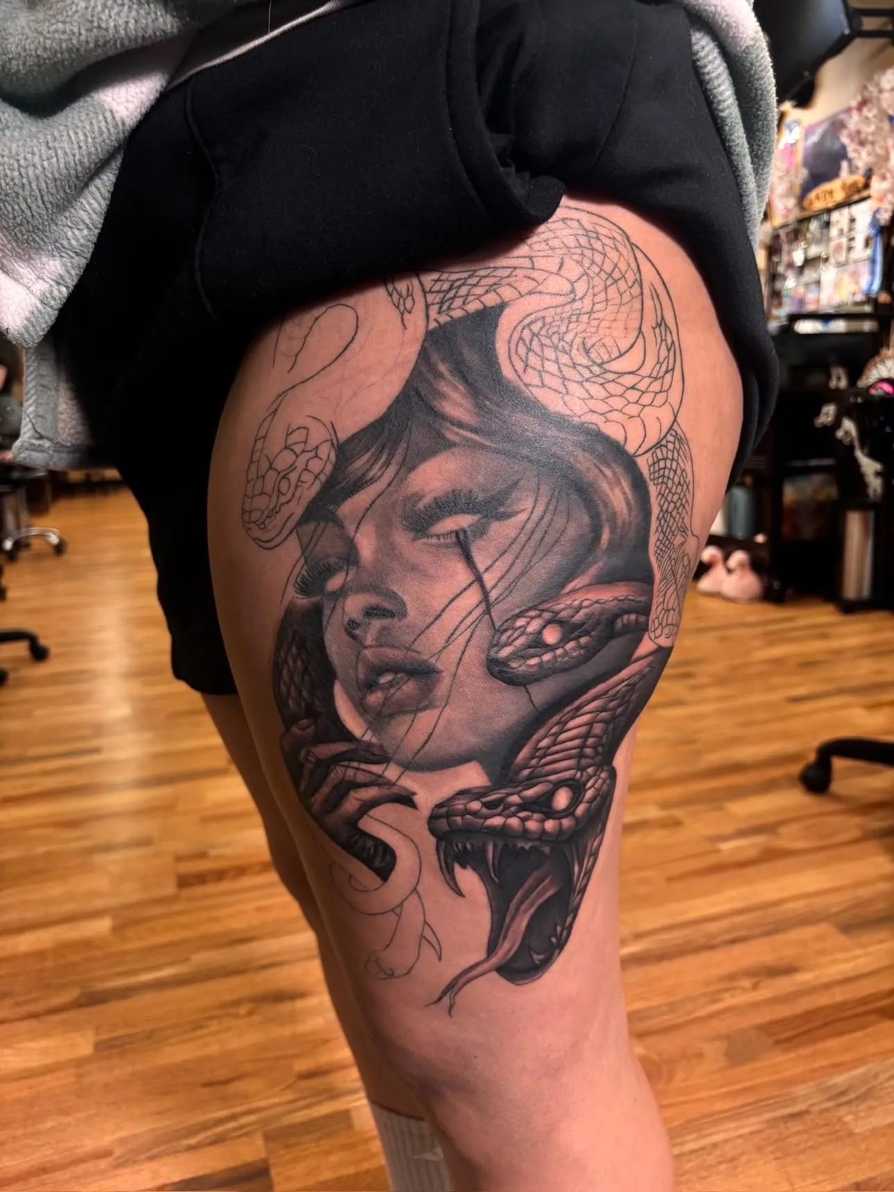 Medusa thigh piece tattoo by Cam