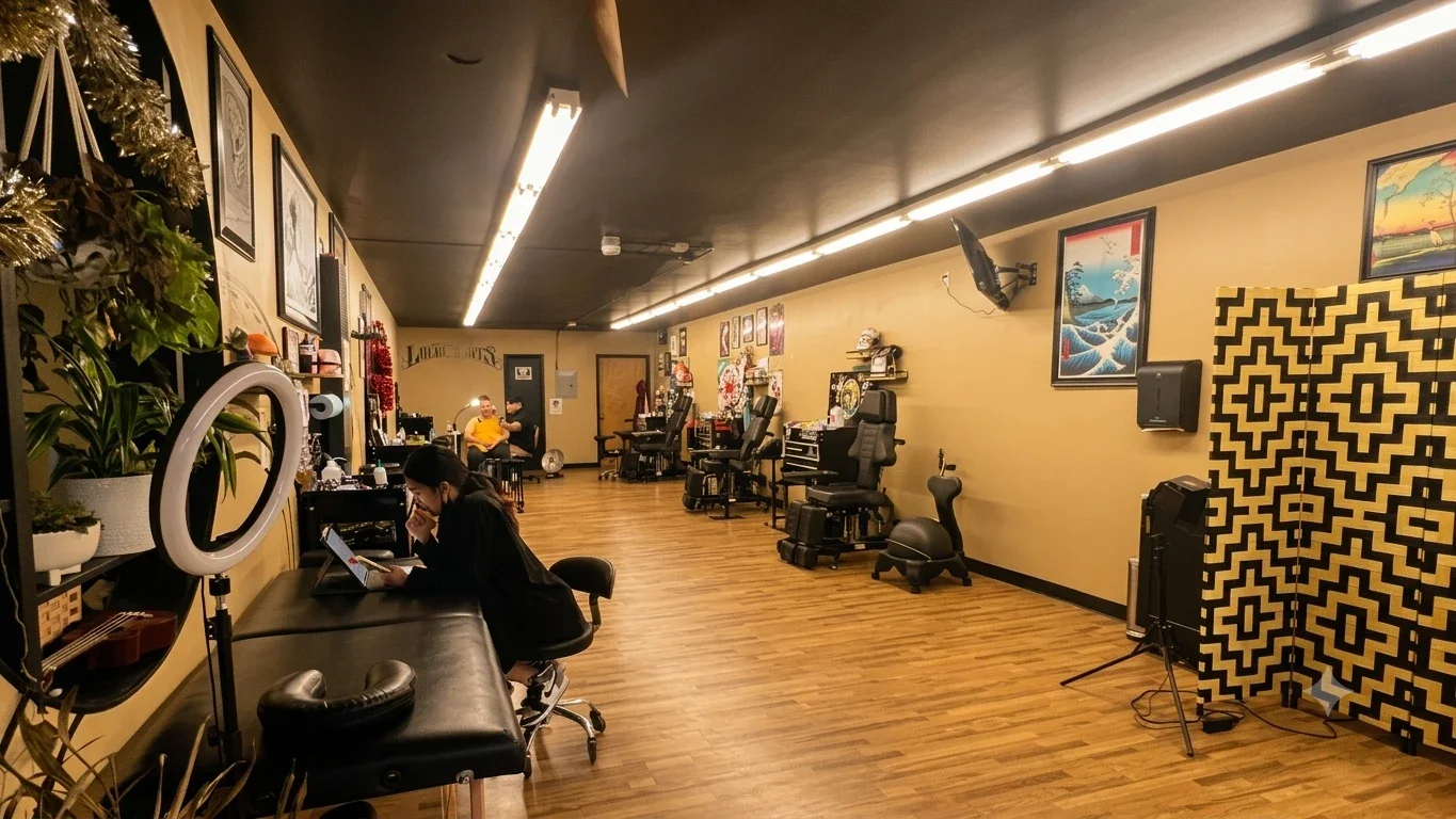 Inside Local Roots Ink: the long room of stations and mirrors