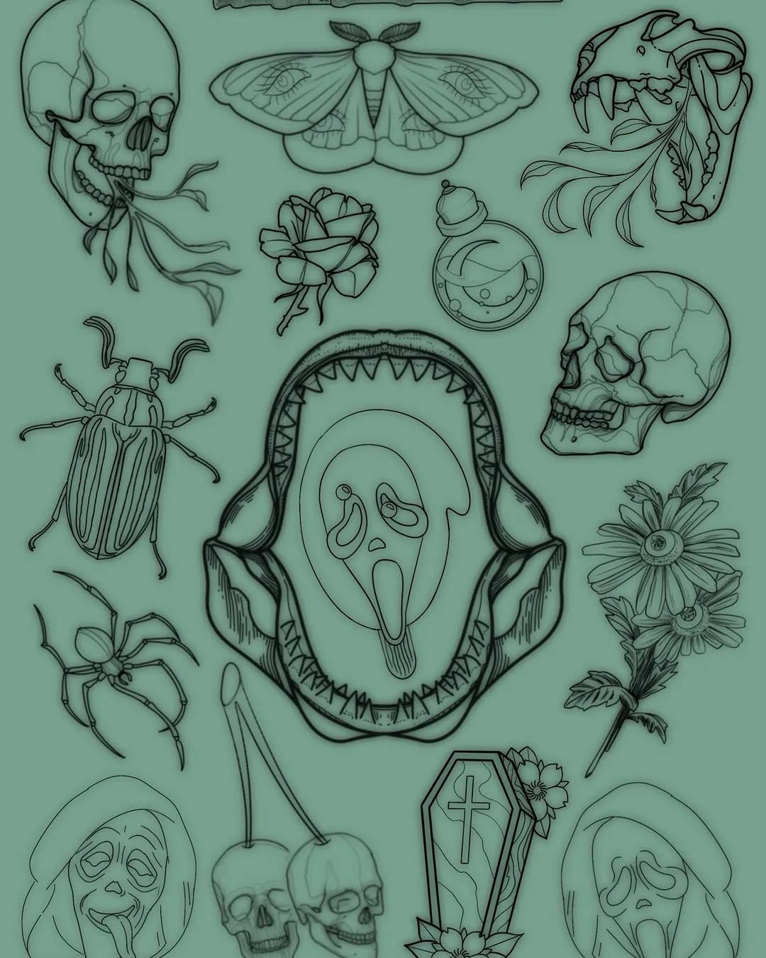 Lil Angel's horror flash sheet: skulls, moths, a ghostface and a coffin